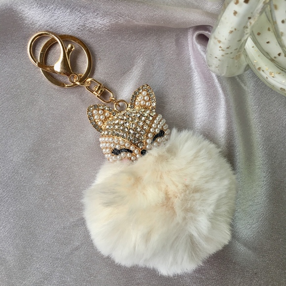 Rhinestone Fox Furry Pom Pom Pearl Keychain Purse - Picture 2 of 4